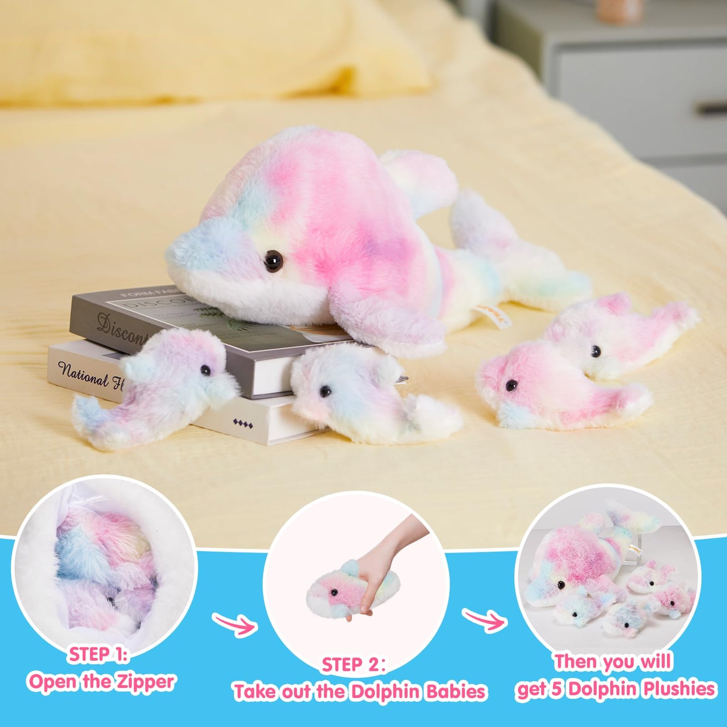 WEWILL 17" Mommy with 4 Babies Rainbow Dolphin Stuffed Animals with Babies Soft Cuddly Colorful Plush Toy Christmas Birthday Gifts for Boys Girls Kids