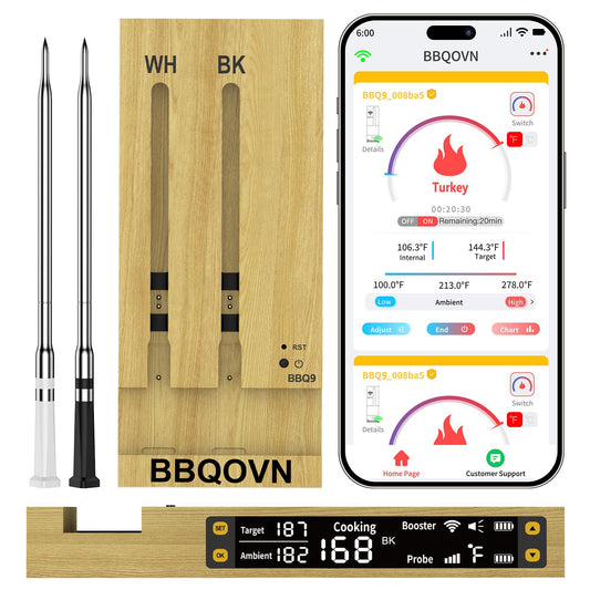 Btclink WIFI Wireless Meat Thermometer Unlimited Range 7 NIST Certified Accuracy Sensors Sub-1G(10X Stronger than Bluetooth)APP&Magnetic Smart Digital Base for BBQ,Oven,Smoker,Grill (2, black, small)