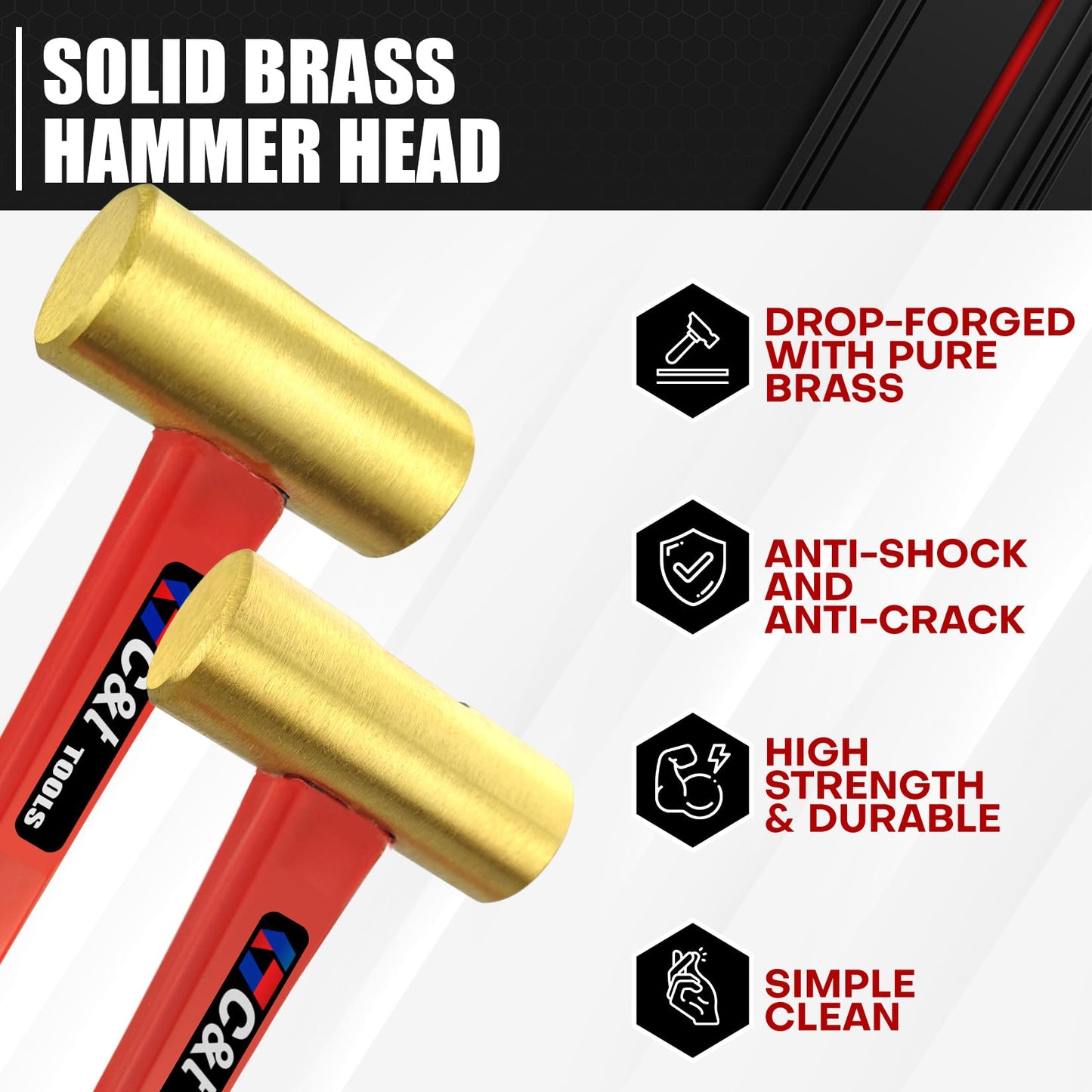 C&T 3-Piece Hammer Set, Jacketed Fiberglass Solid Brass Non-Sparking Hammers, 16, 24, 32oz, Non-Marring