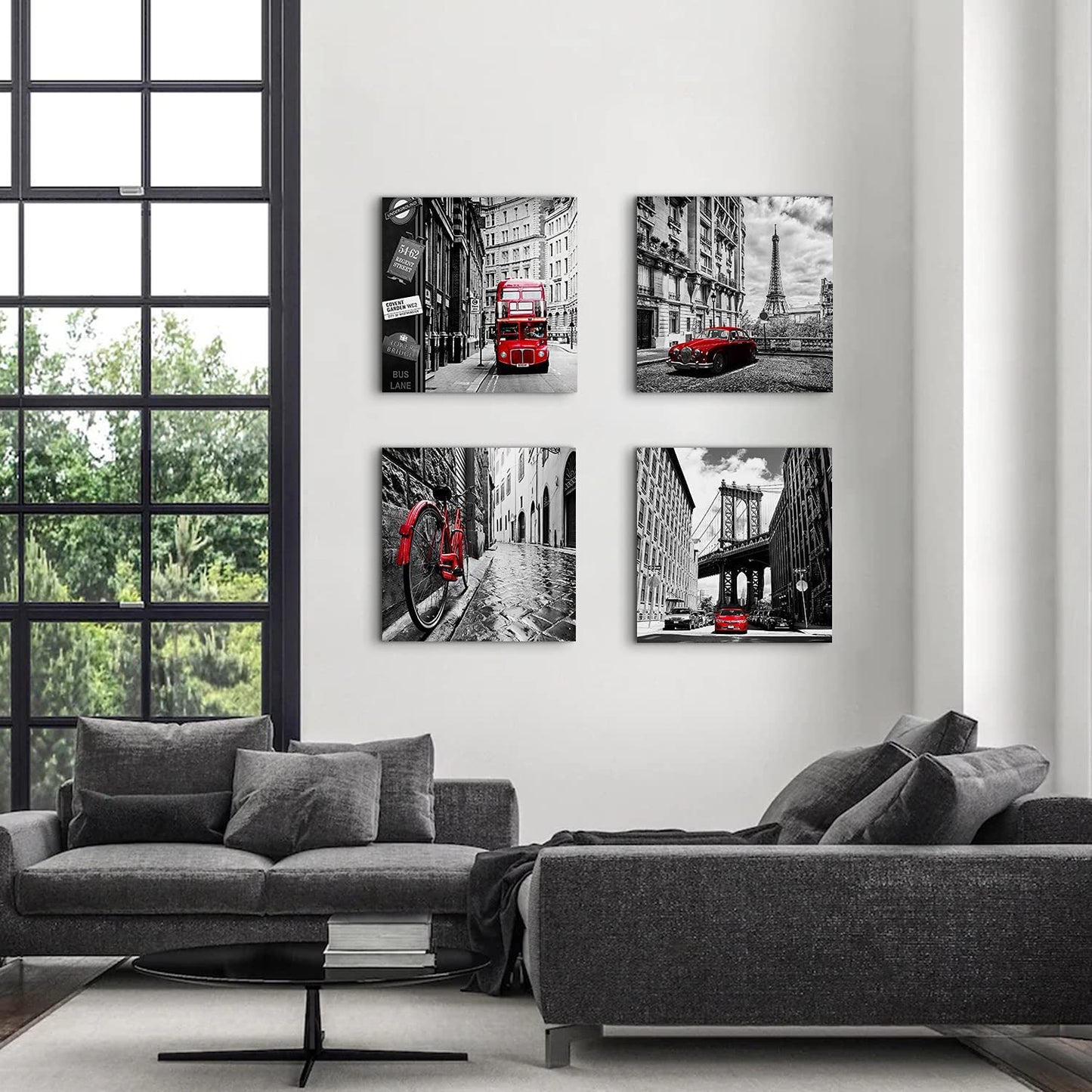 Black and White Canvas Wall Art Bedroom Decor Red City Landscape Pictures Prints Modern Artwork for Living Room Paris New York London Rome Contemporary Painting Kitchen Office Home Decorations 20x20"
