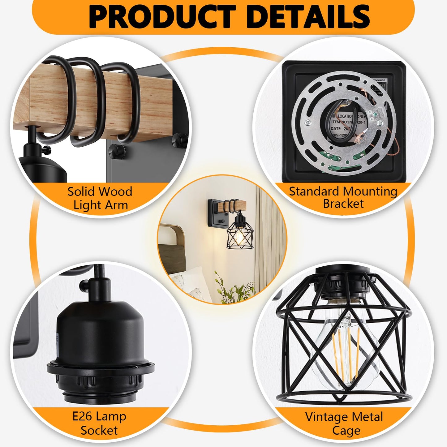 FadimiKoo Dimmable Wall Sconces Set of Two, Bedside Wall Mounted Lamp with Rotary Switch, Wooden Black Bathroom Light Fixtures with Metal Cage, Hardwired Farmhouse Wall Lights for Bedroom, Living Room