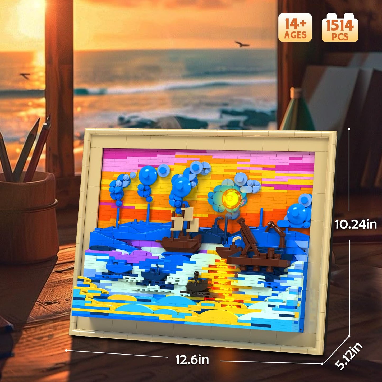 Brihappen Impression Sunrise Painting Frame Building Set for Adults Boys Girls, 3D Wall Monet Art Craft with Light for Home Office Decor, Ideas Toy Building Kit, Creative Birthday Gifts（1514 Pieces）