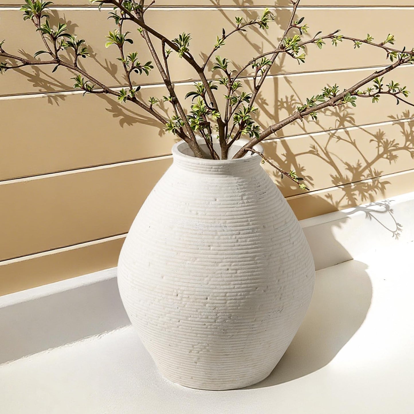 12” Ceramic Distressed Vase Handcrafted Rustic Neutral Decorative Floor Vases Home Decor Accent for Living Room, Dining Table, Entryway or Shelf Styling