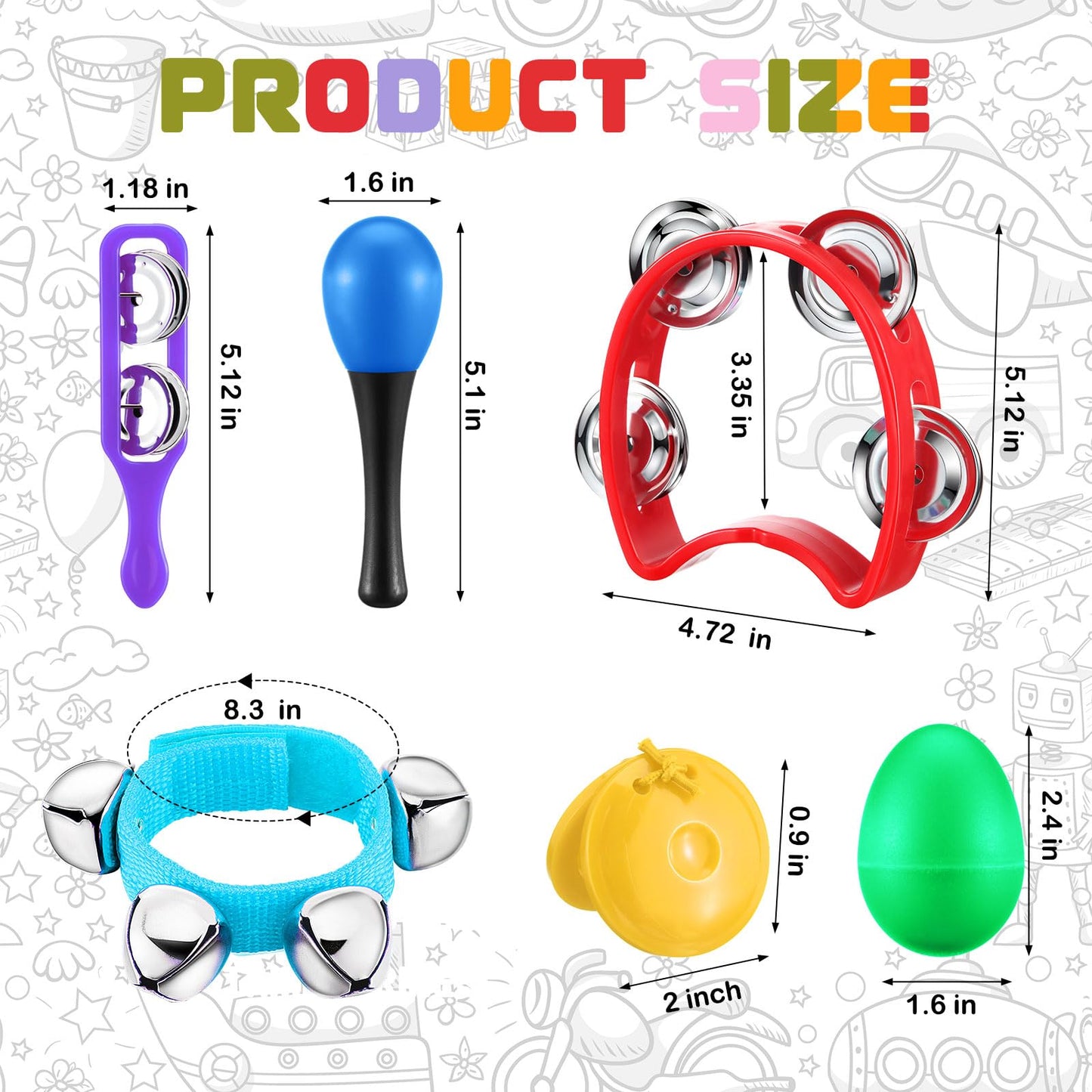 72 Pcs Shaker Musical Instruments for Kids Egg Shaker Wrist Hand Band Bells Maracas Percussion Tambourine Cymbals Plastic Castanets for Preschool Early Music Learning Toy