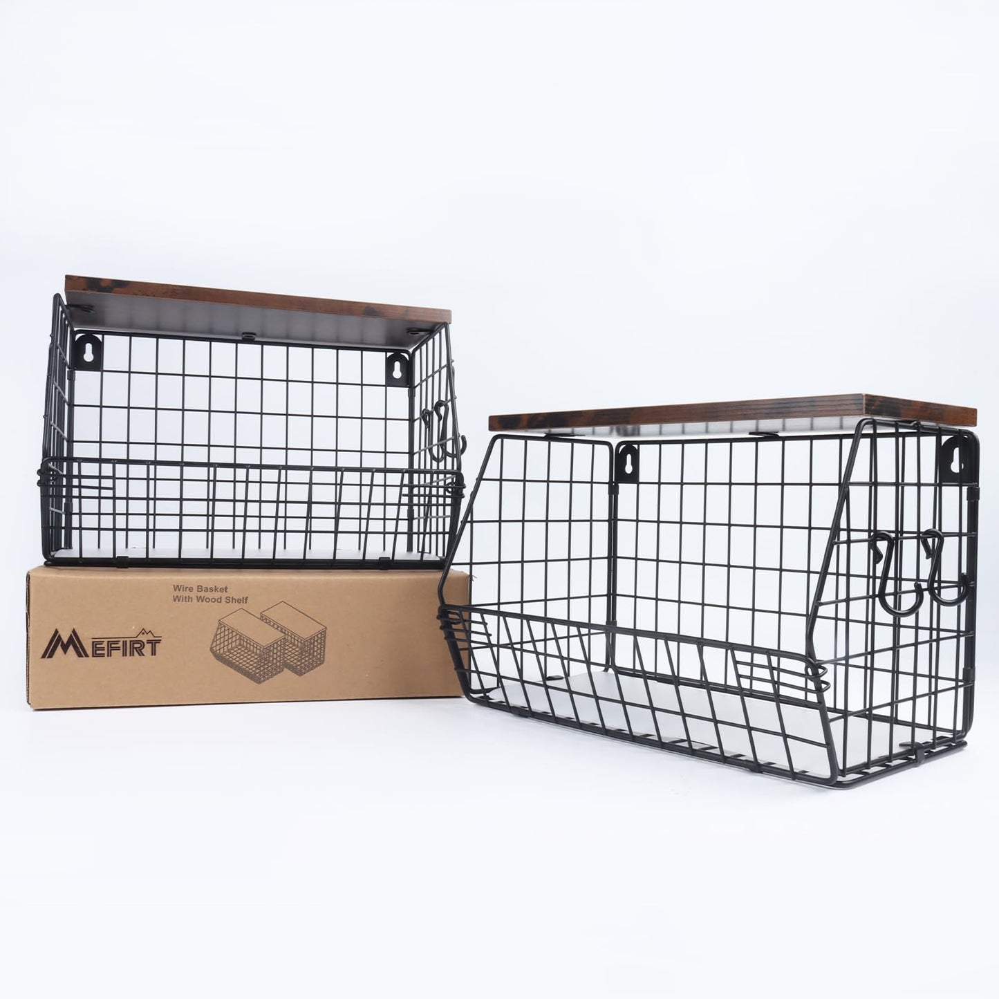 Mefirt 2pcs Fruit Basket Kitchen Storage Basket with Wood Lid, Stackable Wall Basket Fruit Basket for Kitchen, Countertop Organizer for Snack, Fruit and Veggie Storage, 11.8 x 7.9 x 8.5 Inch