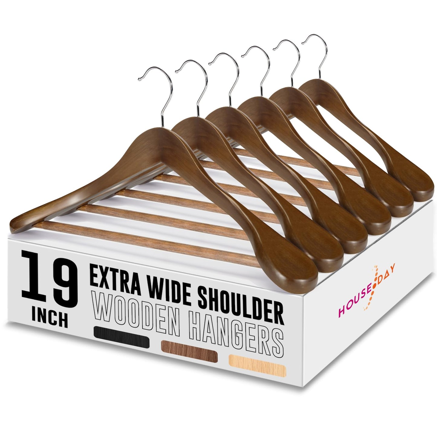HOUSE DAY 19'' Extra Wide Shoulder Wooden Hangers 6 Pack, Premium Large Wood Suit Hangers with Non Slip Pant Holder, Wide Shoulder Hangers for Suits, Coats, Jackets, Heavy Wide Clothes Hanger, Walnut