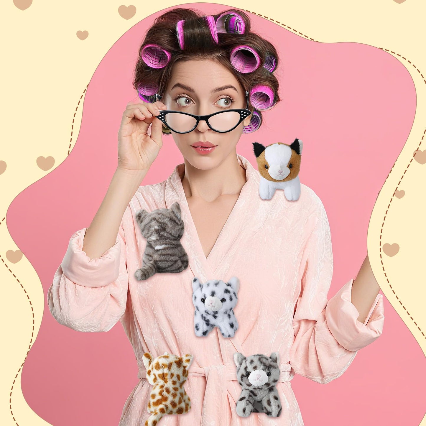 Simgoing 47 Pcs Halloween Cat Stuffed Toys Bulk Soft Cuddly Kitten Plush Animals Sets with Hair Curlers Glasses Hair Clips Kittens Fluffy Stuffed Cats for Christmas Birthday Gift Pet Party Favors