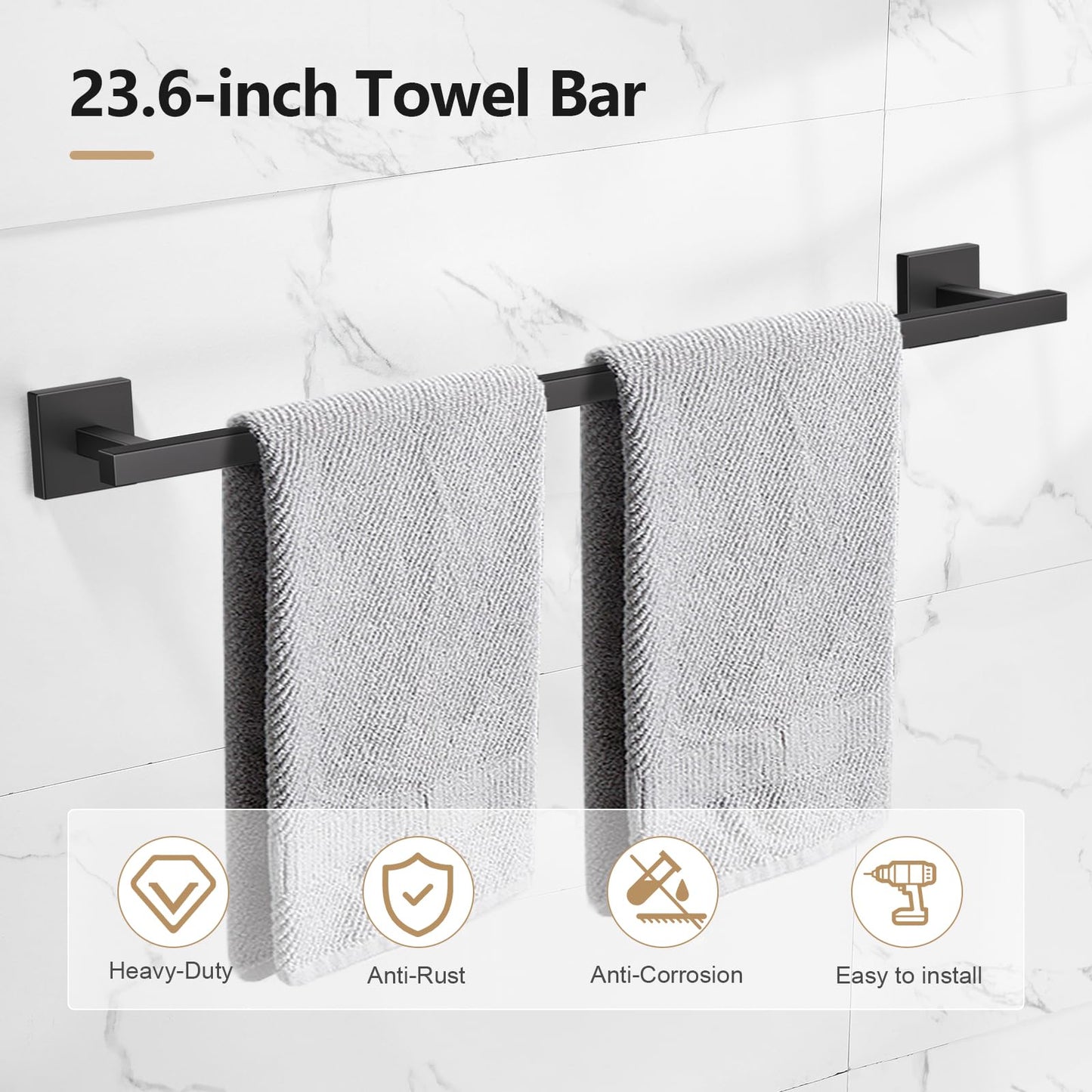TQKAG 5-Pieces Matte Black Bathroom Hardware Accessories Set 23.6" SUS304 Stainless Steel Towel Bar Set Wall Mounted Square Toilet Paper Holder with Shelf