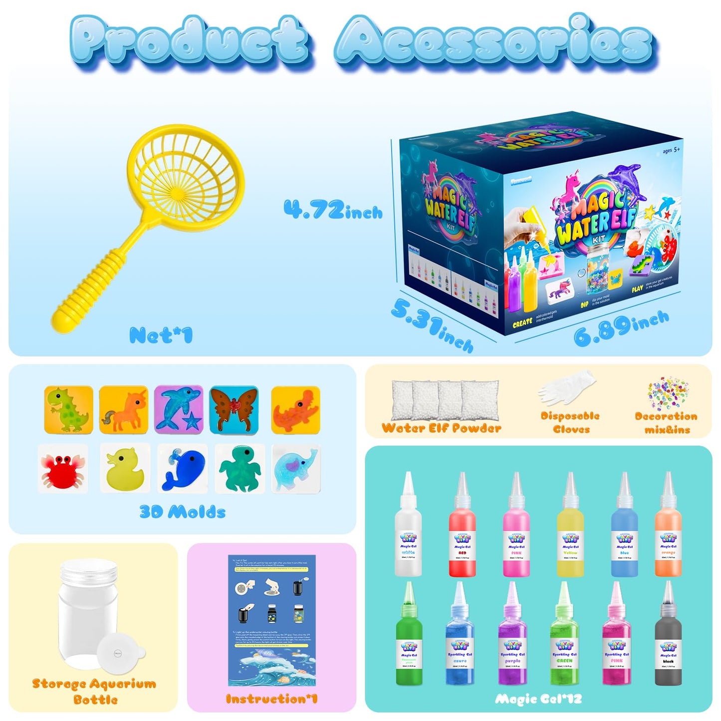 Funewest Magic Water Elf Toy Kit, Aqua Fairy Water Gel Kit with 12PCS Aqua Jelly Gels & 10 Molds for Squishy Maker, Creative Art Craft Gifts for Kids Girls 6-10, Party Favors Birthday Christmas