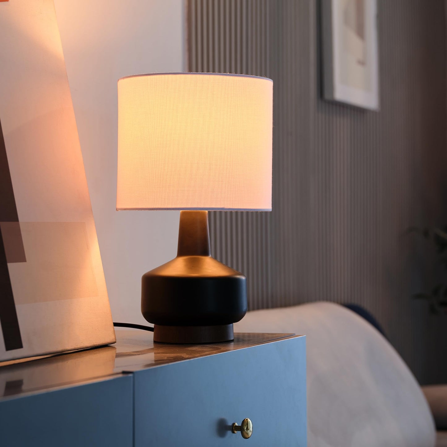 Globe Electric 15" Ceramic Table Lamp, Matte Black Base, Wood-Toned Accent, White Linen Shade, Dual Rotary Switch, Modern Bedroom or Office Lighting, 61000046
