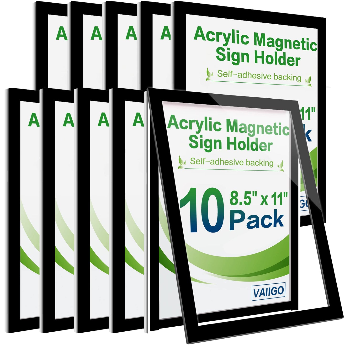 VAIIGO 8.5" x 11" Acrylic Sign Holder Wall Mount, Self Adhesive Magnetic Display Frame with Nano Tape and Strong Magnetic Frames for Wall, Door, Glass, Home, Store, Office (Black, 10Pack)