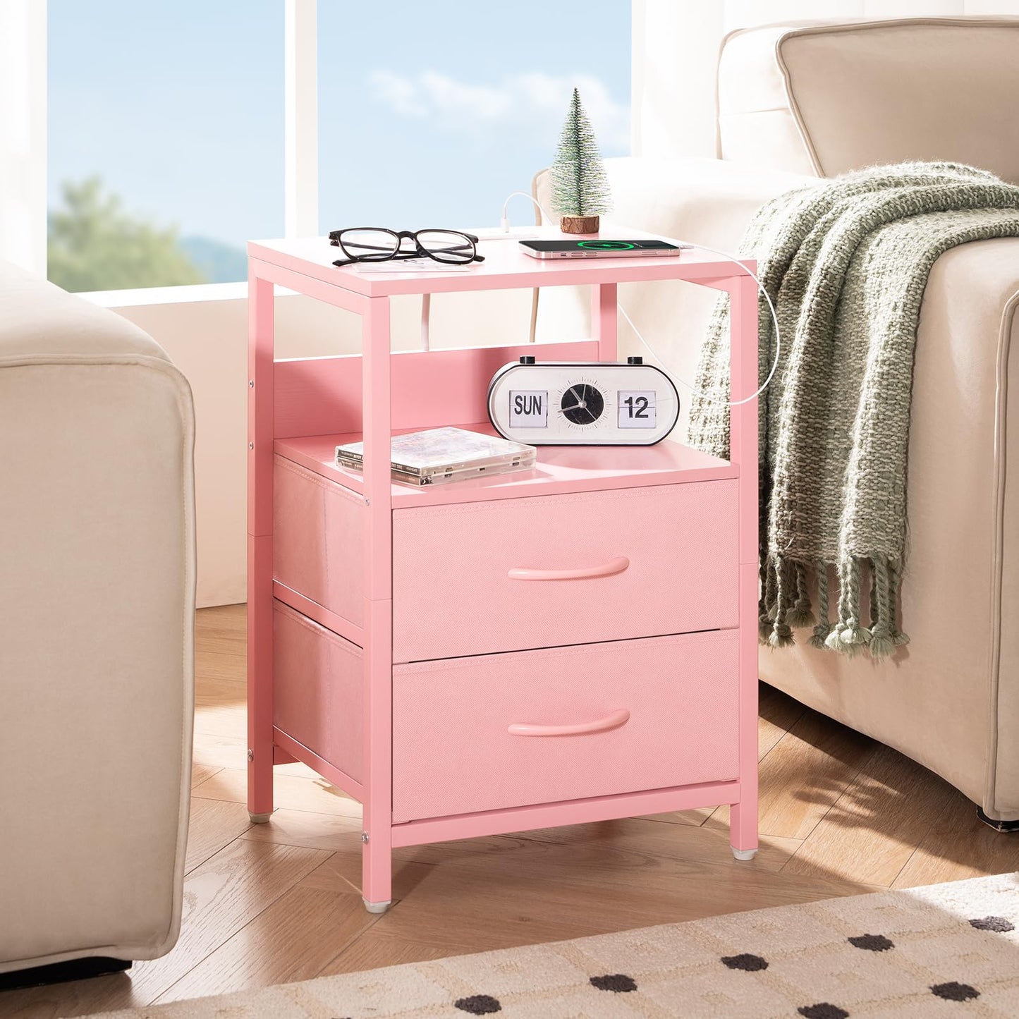 Yoobure Nightstand with Charging Station, Small Night Stand with Fabric Drawers and Storage Shelf for Bedrooms, Nightstands for Small Spaces, Bedside Table with USB Ports & Outlets Bed Side Table