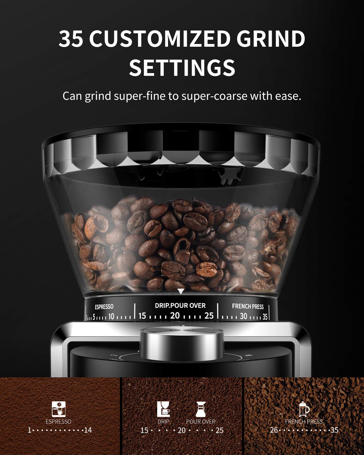KIDiSLE Conical Burr Espresso Grinder, 35 Precise Settings Electric Coffee Bean Grinder with Anti-Static Technology, Quiet Burr Coffee Grinder for Espresso, Pour Over, French Press, 2-12 Cup, Black