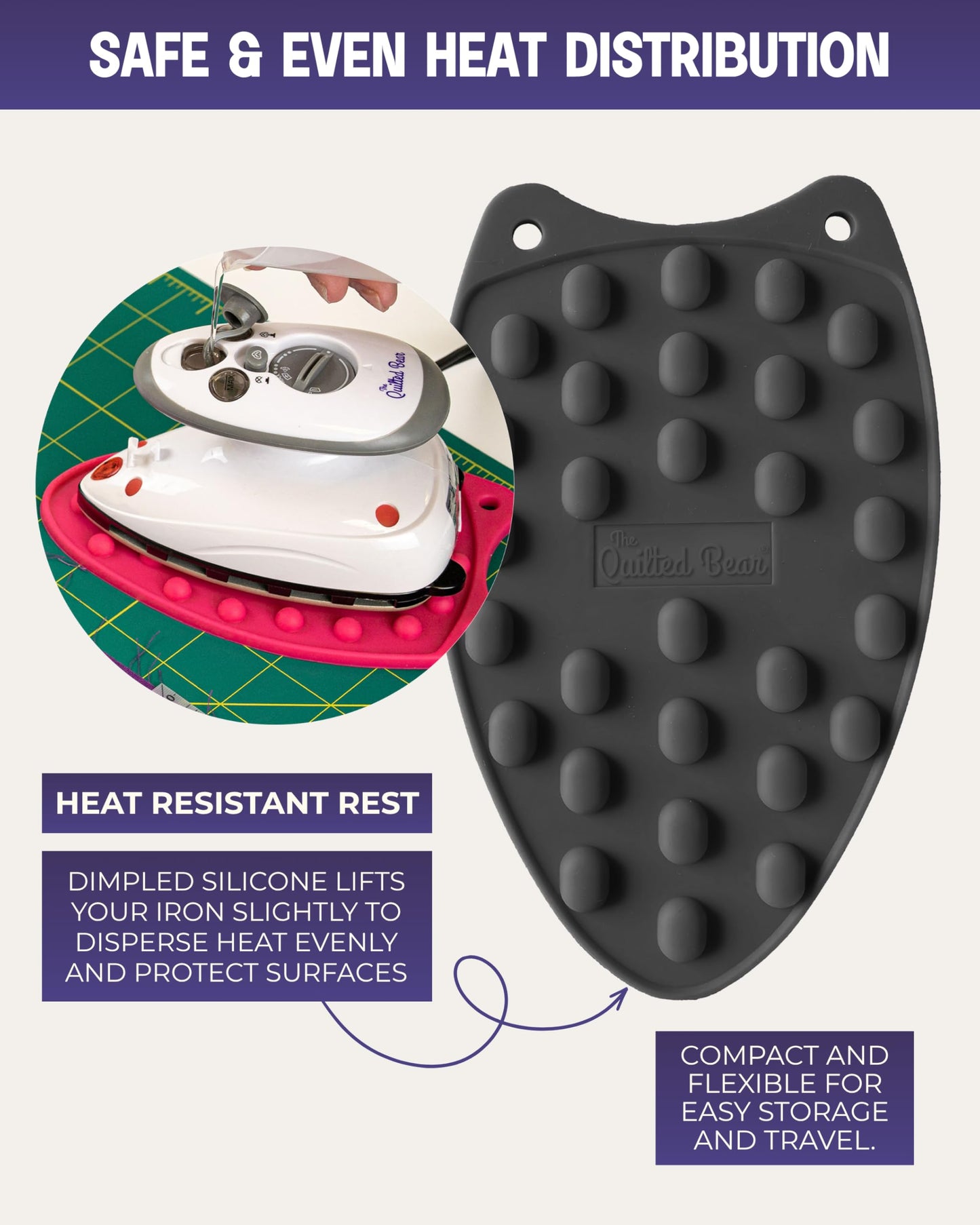 The Quilted Bear Mini Iron, Rest & Ironing Mat - Lightweight Mini Steam Iron with Hard Shell Travel Case, Rest & Ironing Mat - Travel Essentials for Wrinkle Free Clothes & Effortless Quilting (Black)