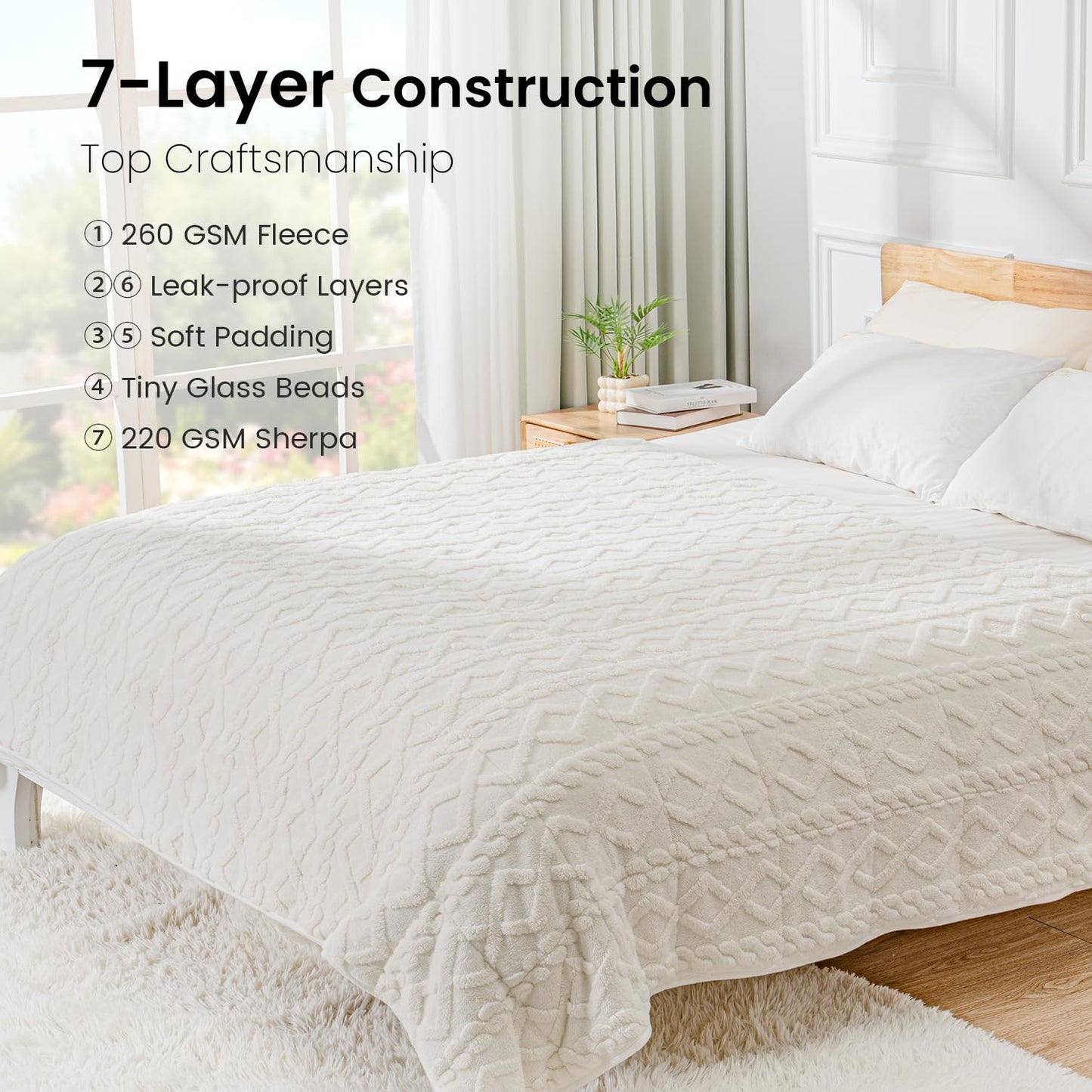 Drewin Weighted Blanket 15lbs Queen Size, Soft and Thick Jacquard Sherpa Throw Blanket for Calm and Relax, Dual Sided Ultra Cozy Fluffy Heavy Blankets with Ceramic Beads, 60 x 80 inches, Cream White