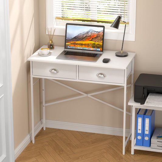 DAOUTIME Small Writing Desk for Kids Bedroom, 31.5 Inch Small Computer Desk for Small Spaces, Simple Desk with 2 Fabric Drawers for Home Office, Dorm, Living Room, Home Study Table, White