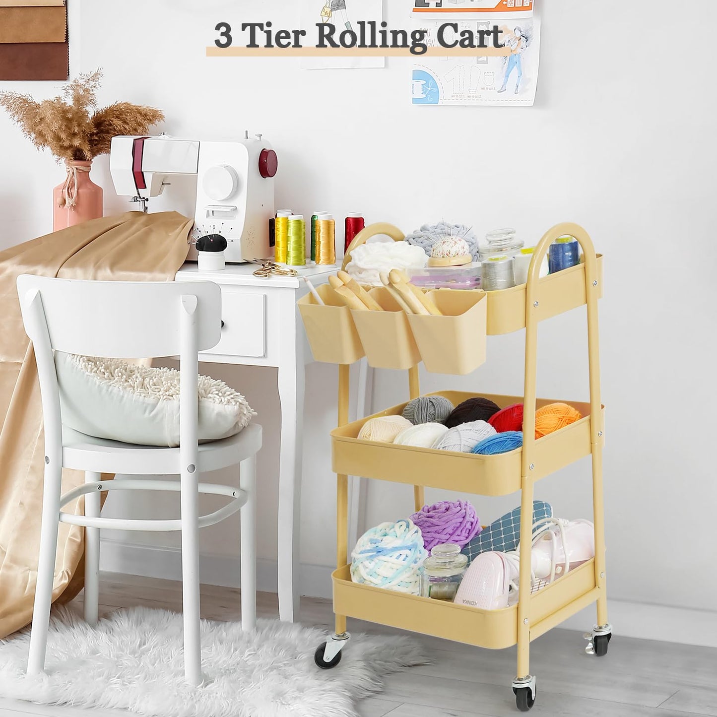 danpinera 3-Tier Rolling Cart, Utility Cart Mobile Metal Rolling Storage Cart with Lockable Wheels & Hanging Cups & Hooks for Kitchen, Bathroom, Office, Workshop, Yellow