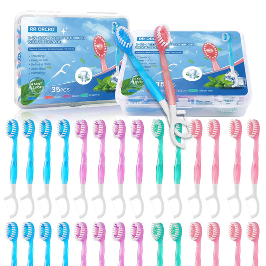70Pack Mini Disposable Toothbrushes 5-in-1 Portable Pre-Pasted Travel Toothbrush with Toothpaste Tongue Scraper Floss Pick Individually Wrapped Small Prepasted Travel Toothbrush for Kids Adults