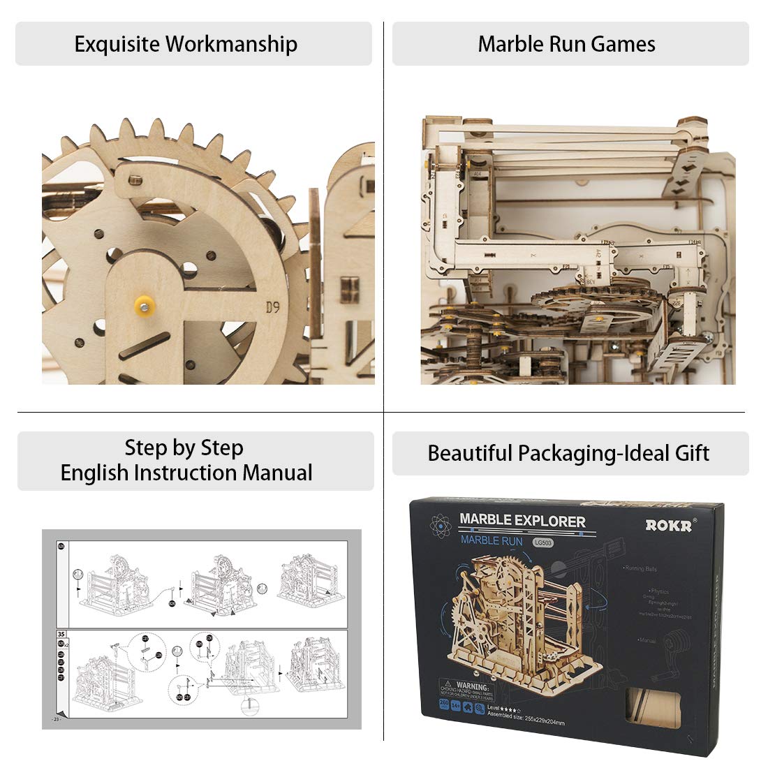 ROKR 3D Assembly Wooden Puzzle Brain Teaser Game Mechanical Gears Set Model Kit Marble Run Set Unique Craft Kits Christmas/Birthday/Valentine's Gift for Adults Age 14+