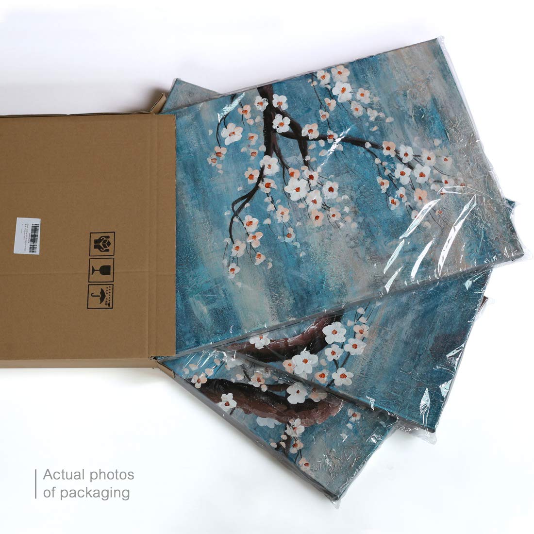 amatop Extra Large Wall Art for Living Room 100% Hand-Painted Framed Decorative Plum Floral Oil Painting Set Decorative Modern Blue Tree Artwork Ready to Hang