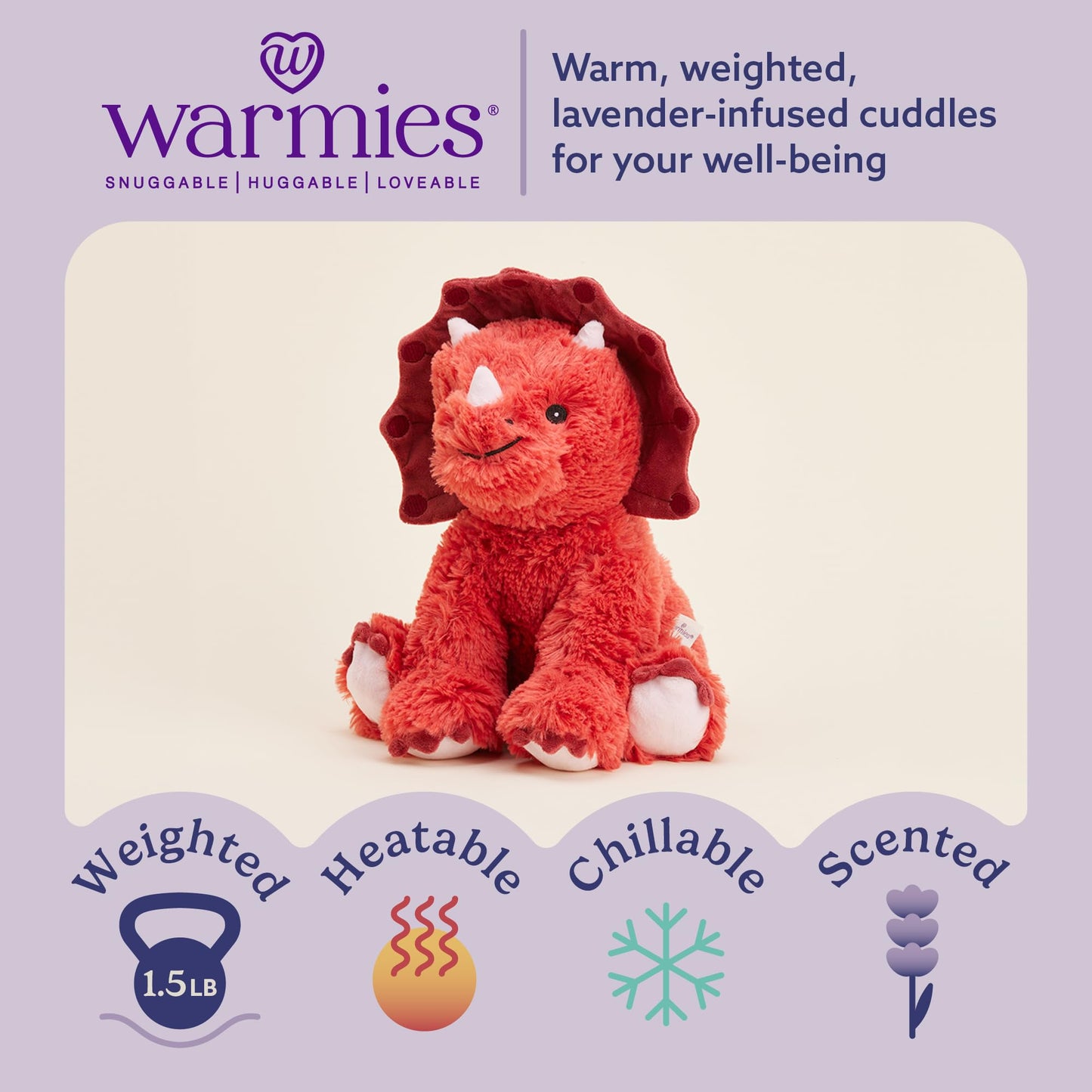 warmies Microwavable & Weighted Triceratops Stuffed Animal, Red Triceratops - Microwavable Weighted Plushies - Lavender Scent in Dino Plushies - for Adults & Children (Boys, Girls, Babies & Toddlers)