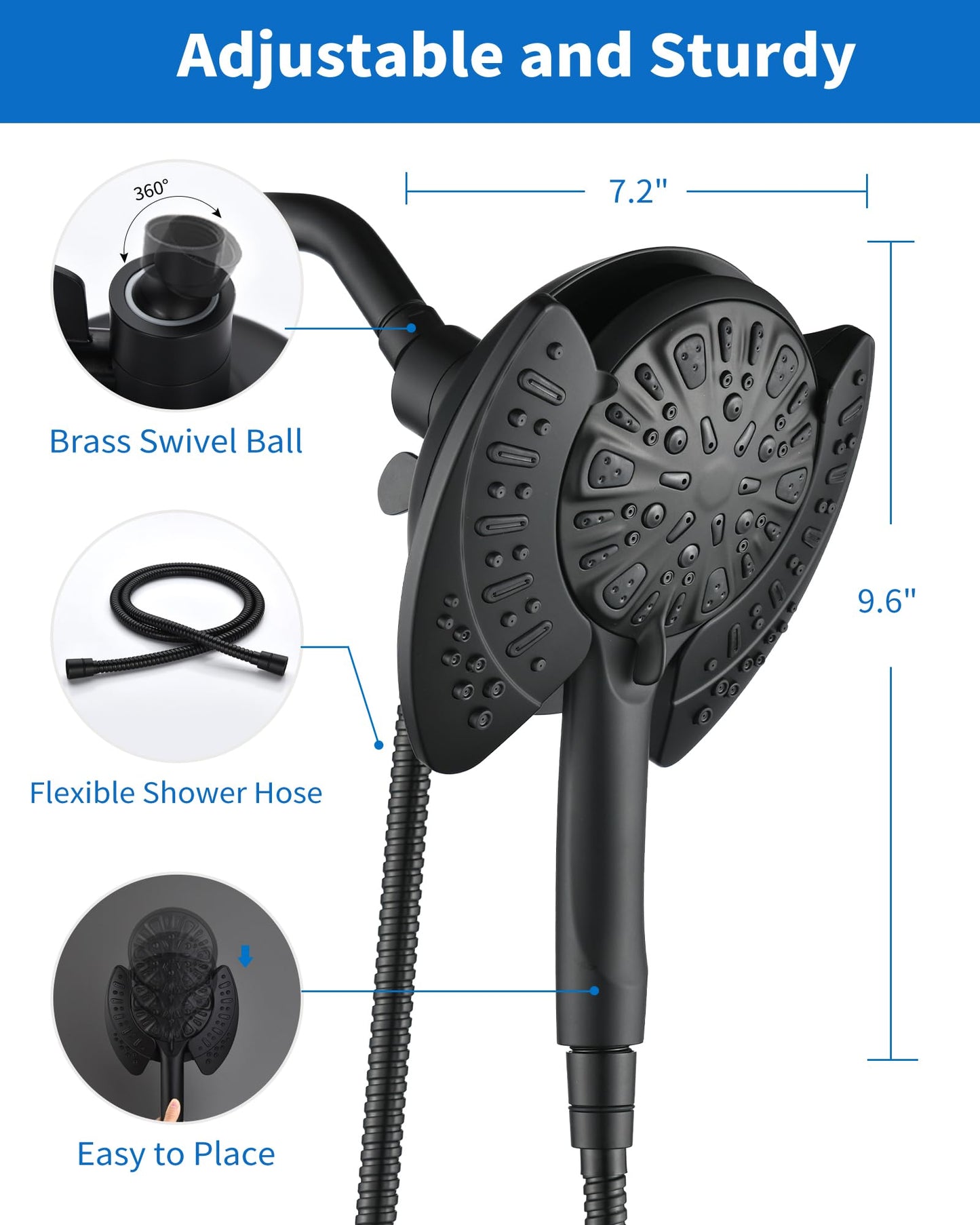 INAVAMZ 2-in-1 Shower Head with Handheld Combo: 2.5GPM Rainfall & Handheld Shower Head Use Together or Alone, 9 Spray Settings Hand Held Shower Head with Hose, Black