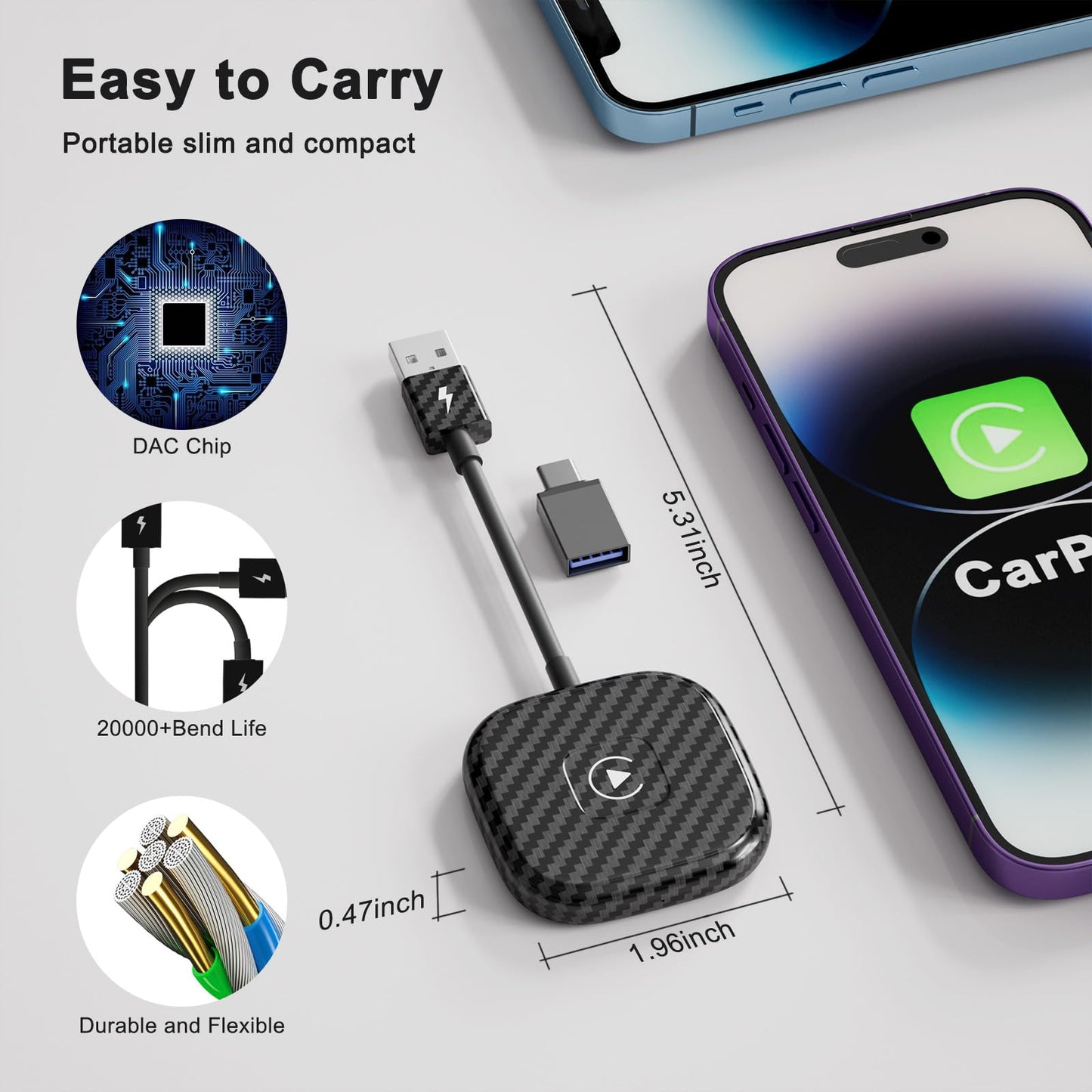 Wireless CarPlay Adapter for Apple iPhone，Wireless Carplay USB Dongle Converter Wired Carplay to Wireless, Support Online Update Plug and Play,Fit for Cars Built-in Wired CarPlay (Carbon)