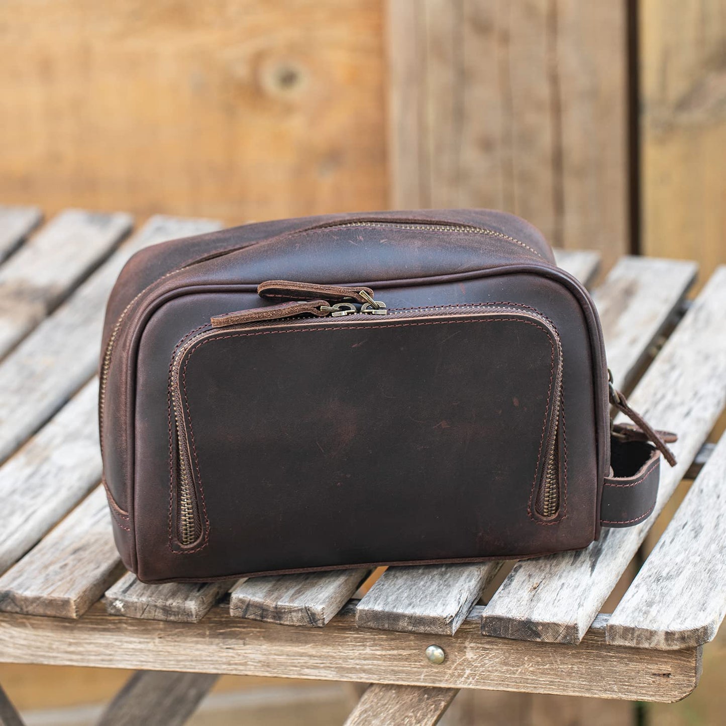 Polare Vintage Full Grain Leather Handmade Travel Toiletry Bag for Men - Dopp Kit - Shaving Kit with YKK Metal Zippers A-Dark Brown