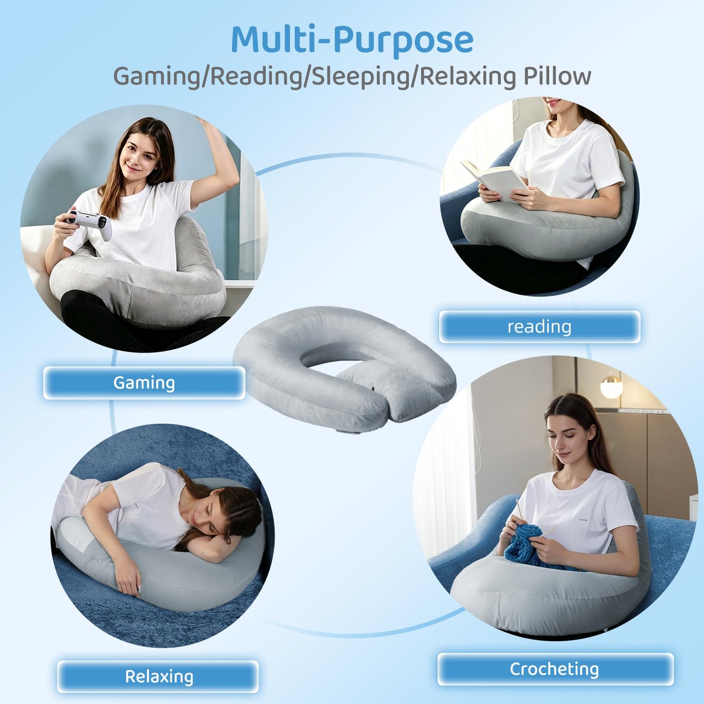 Pyurifai Crochet Pillow for Lap Support - Reading Pillow for Laptop with Extra Back Pillow for Support, Enlarged Gaming Pillow for Lap, Multi-Purpose Reading Pillow for Gaming/Working/Crocheting, Grey