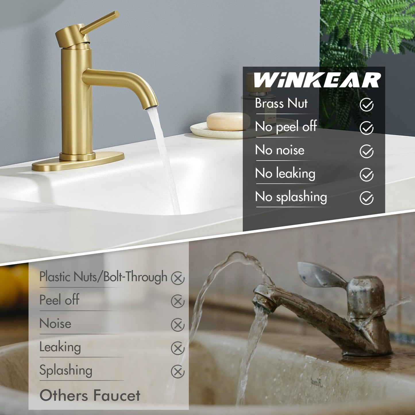 Gold Bathroom Faucet, WINKEAR Single Hole Bathroom Faucet with Pop-up Drain and Flexible Hoses, Single Handle for Sink, Vanity, RV, Modern Farmhouse, Suitable for 1 Hole or 3 Hole