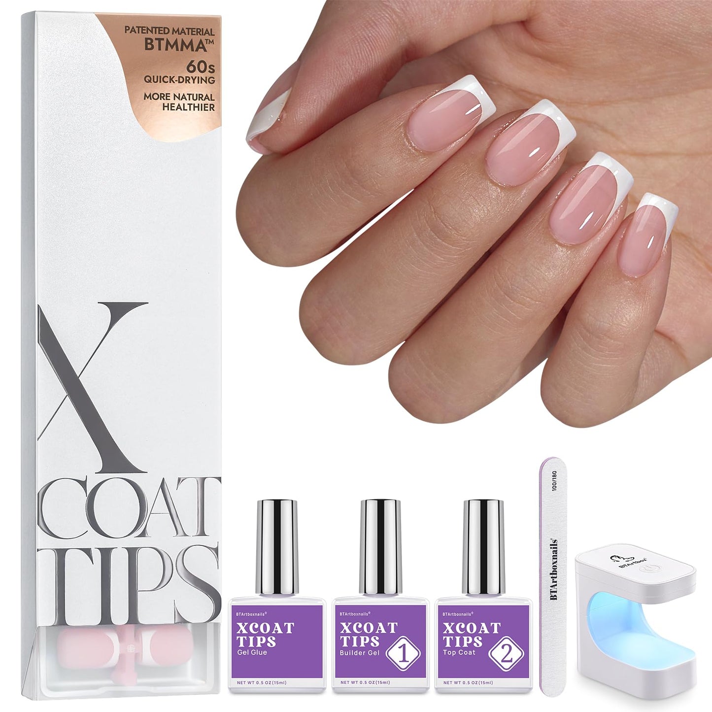 BTArtboxnails XCOATTIPS Gel Nail Kit - Short Squre French Tip Press on Nails Kit, Pink Soft Gel Nail Tips with Nail Gel, French Protecing Duo and Nail Lamp for Nail DIY