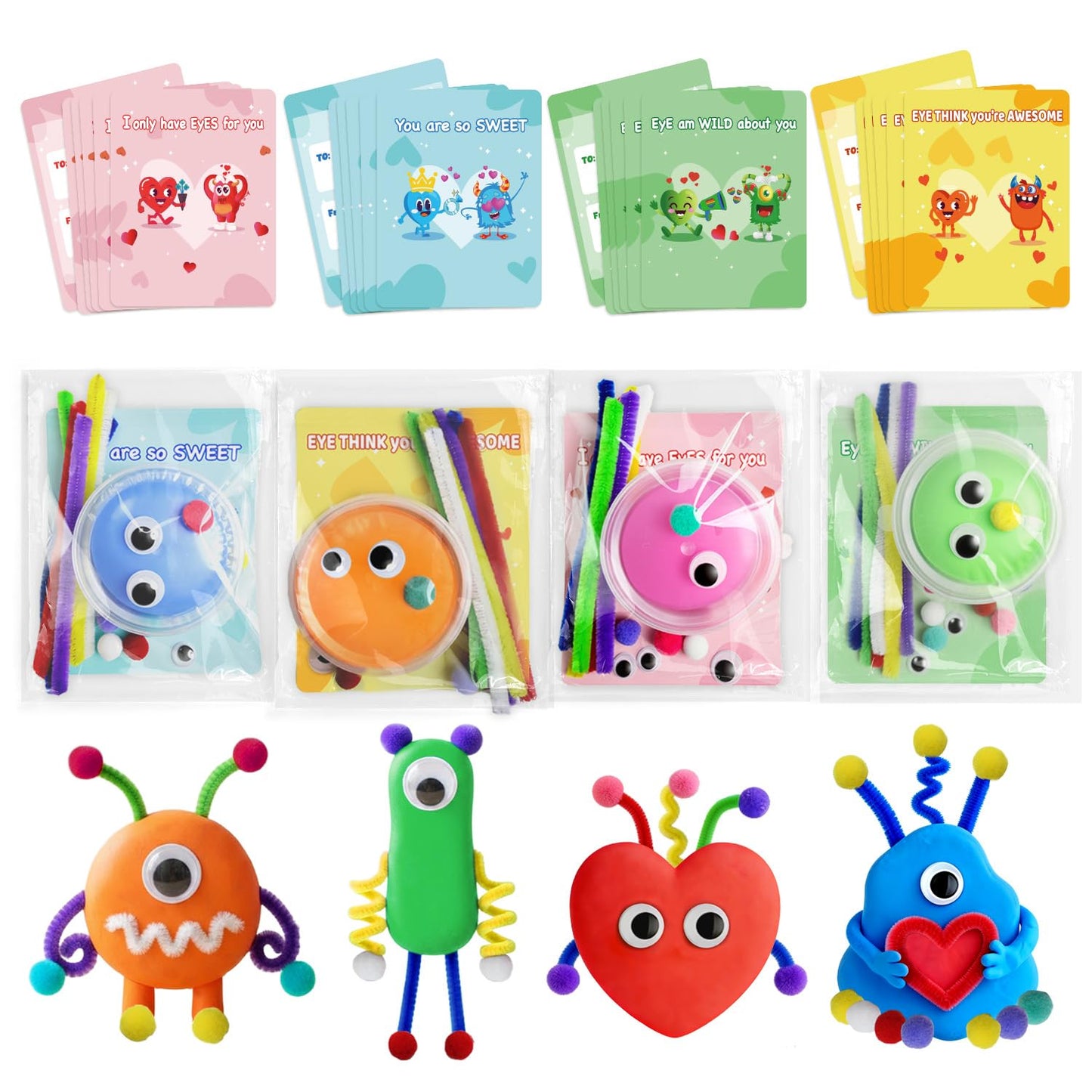 NAXYAN 24 Packs Valentines Day Cards for Kids School with DIY Air Dry Clay Kits Valentines Day Gifts for Kids Classroom Valentine Class Exchange Presents Party Favors (24 Packs for Valentines)