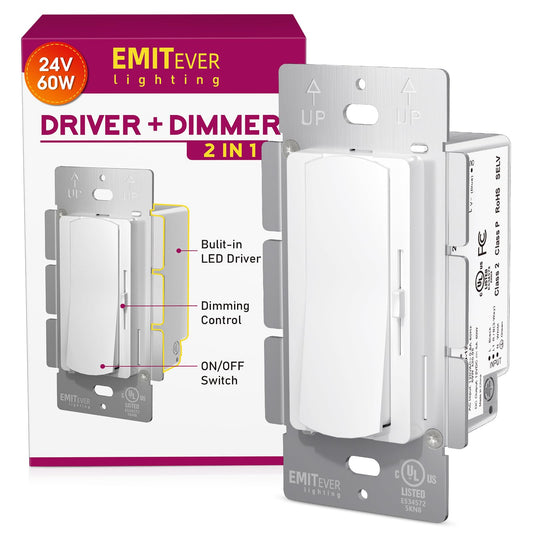 Dimmer Light Switch & 24V 60W Dimmable LED Driver 2 in 1, UL Listed Single-Pole or 3-Way Slide Dimmer Switches for Led Strip Lights,120VAC to 24VDC Power Supply for Low Voltage Project, Glossy White