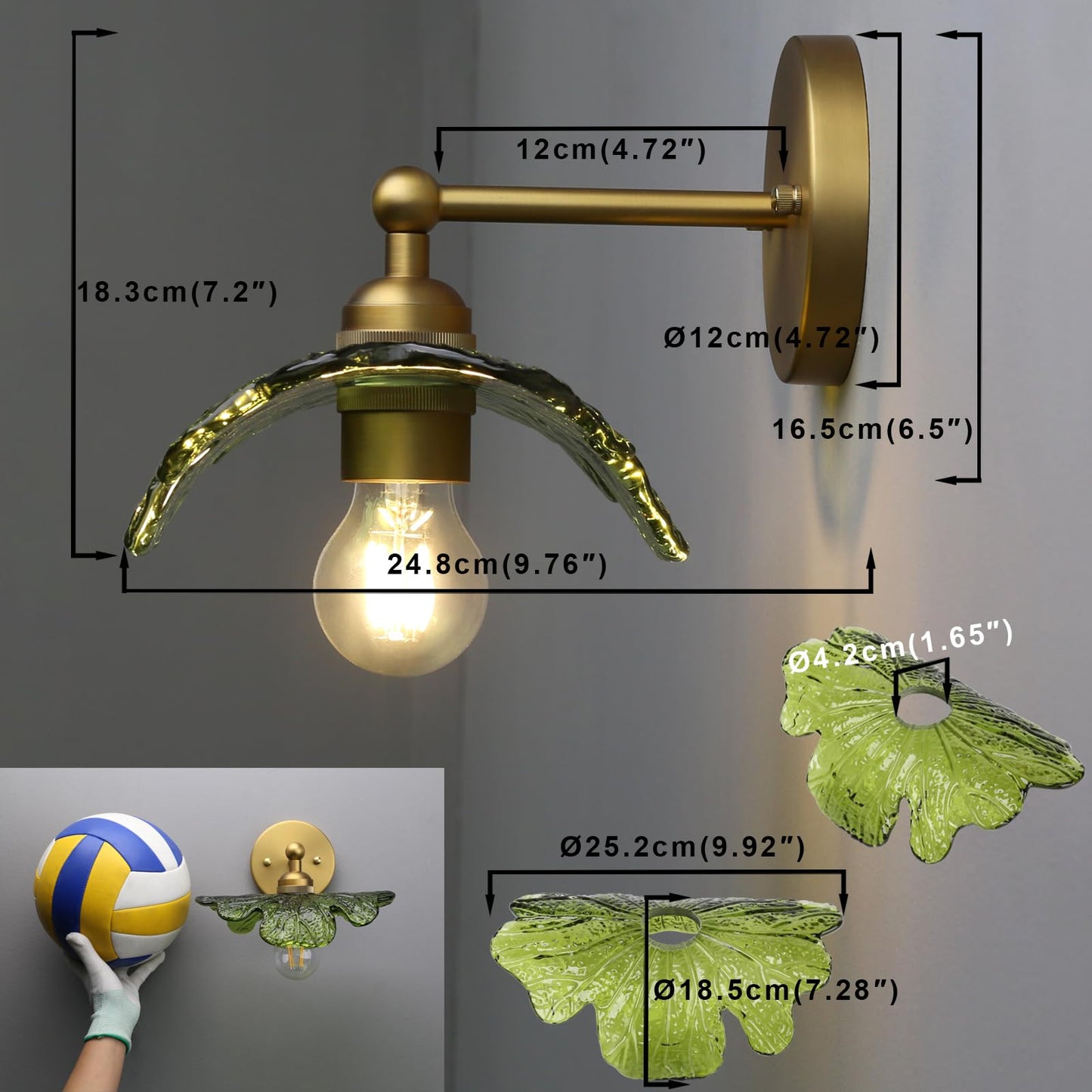 Yosoan Brass Gold Retro Glass Wall Sconce with Green Flower Shade, 1-Light Antique Indoor Vanity Vintage Boho Wall Mounted Hardwired Fixture for Kitchen Bedroom Living Room Bathroom