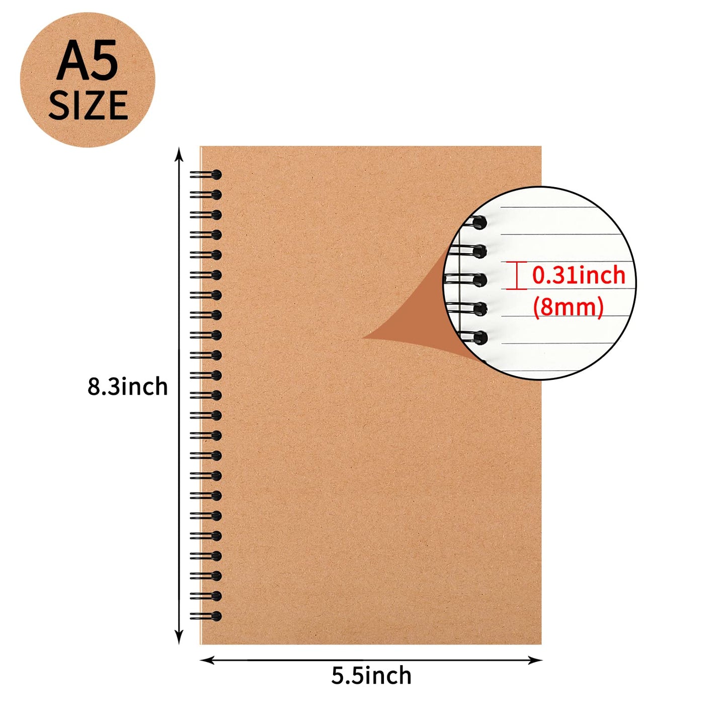 YOTNUS 24 Pack A5 Spiral Notebooks Journal with Kraft Cover, 5x8 Inches, Ruled Lined Paper, for Work, Sketches, Study, Notes Taking, Gifts, Brown (24 PCS(Lined))