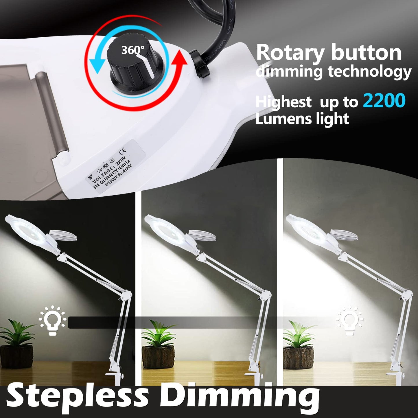 10X LED Magnifying Lamp with Clamp, KIRKAS 2,200 Lumens Dimmable Super Bright Daylight Magnifying Glass with Light and Stand, Adjustable Swivel Arm Magnifier lamp for Reading Repair Crafts-White