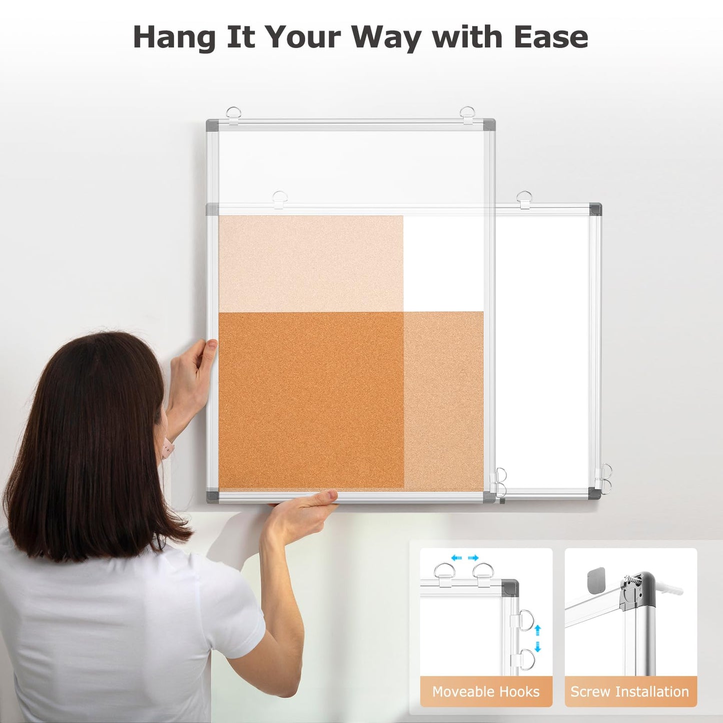 WALGLASS Combination Magnetic Whiteboard & Corkboard, 24"x18" Combo for School, Office & Home, Dry Erase Board with Removable Tray, Pins, Eraser, Markers & Magnets