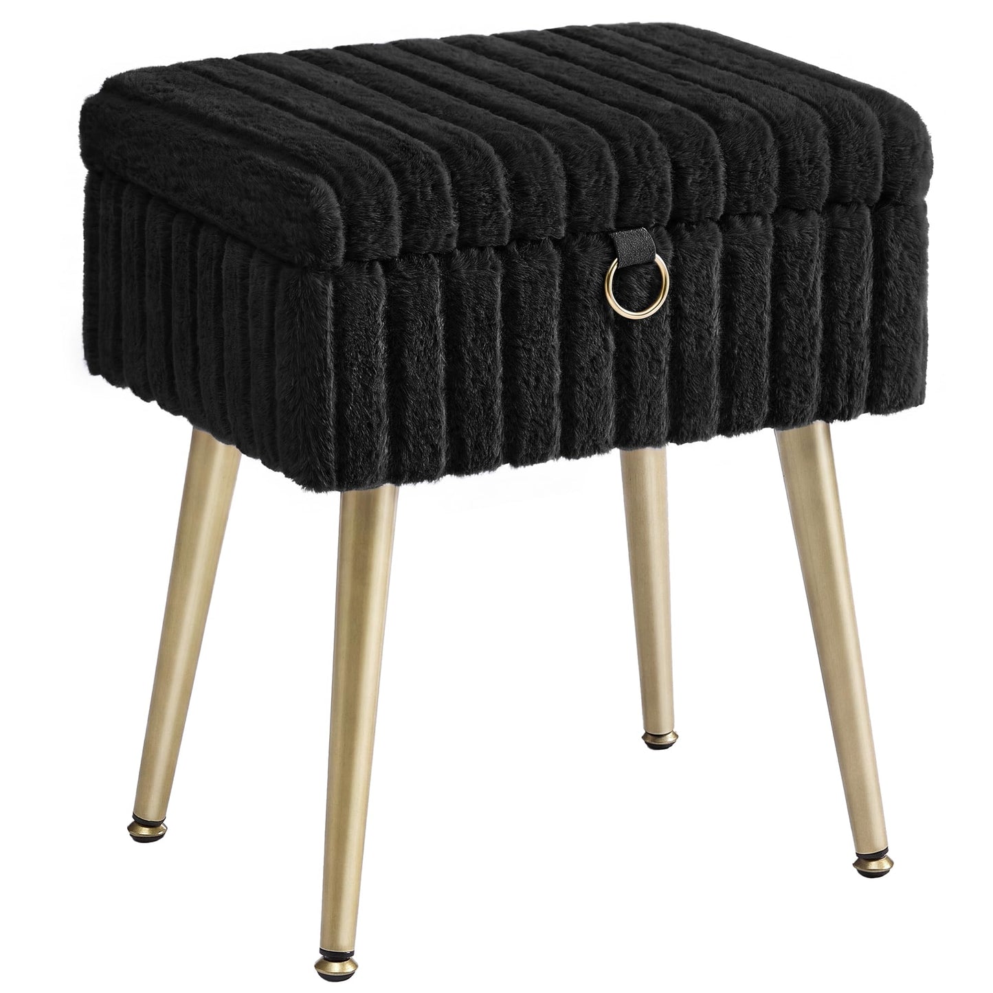 SONGMICS Vanity Stool Chair Faux Fur with Storage, Vanity Bench, Metal Legs, Adjustable Feet, for Living Room, Bedroom, Makeup Room, Ink Black ULOM505BZ02