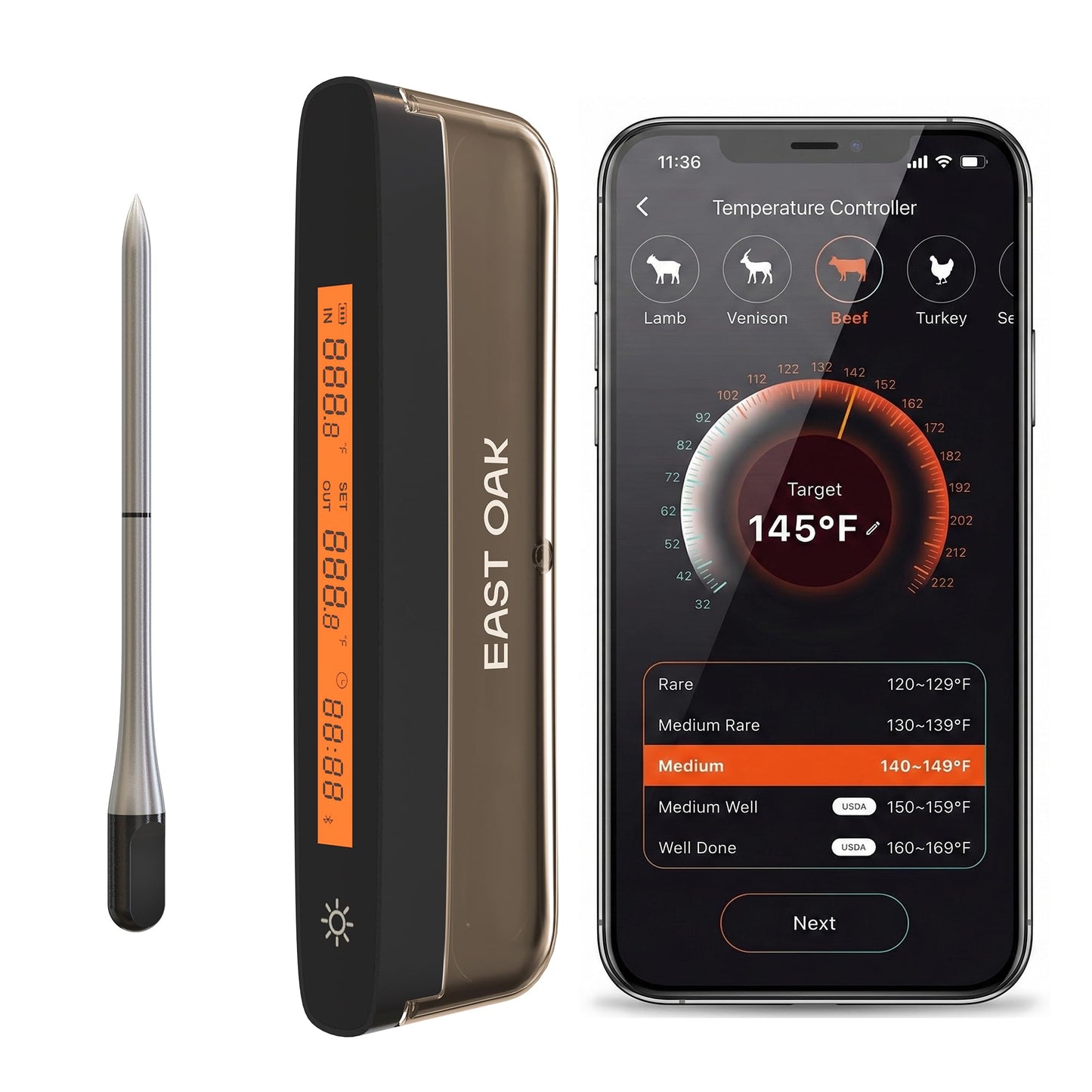 East Oak Wireless Meat Thermometer | 5-Sensor Precision for Chef-Level Results | Extreme Heat Resistance | Smart App Remote Monitoring | Perfect for Grills, Smokers, Ovens & Air Fryers, Brown