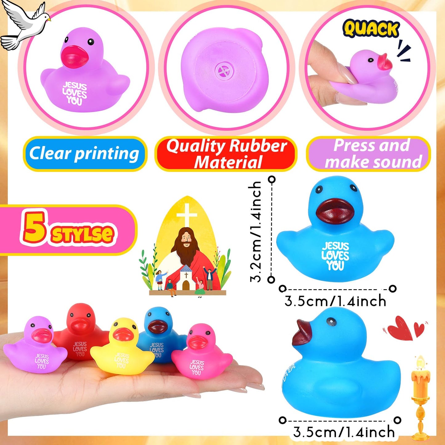 Deekin 300 Pcs Jesus Loves You Rubber Ducks Bulk Multicolor Rubber Ducks Baby Bath Toys for Baby Shower Pool Religious Party Favors Birthday Gifts Church Reward (1.4 Inch)