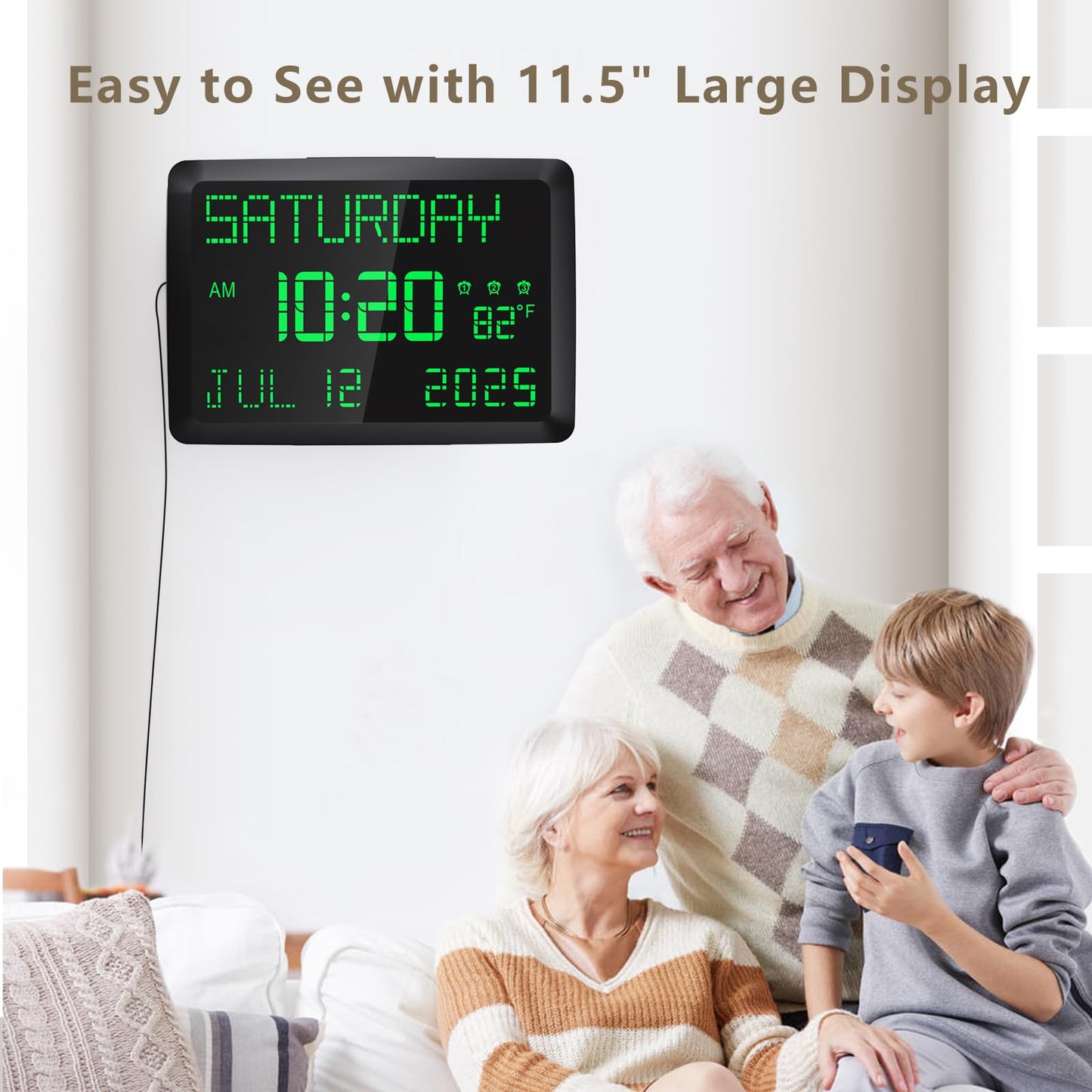 Raynic Day Clock, 11.5" Large Display Calendar Clock with Day and Date, Indoor Temperature, Adjustable Brightness, Snooze,12/24H, DST for Home, Office, Elderly