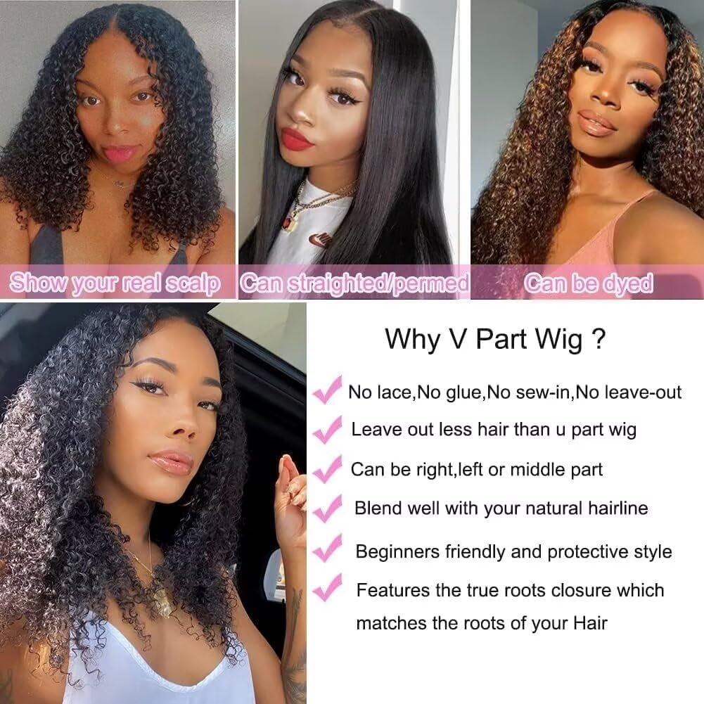 Romface V Part Human Hair Wig for Women 180% Density Brazilian Remy Curly Human Hair No Leave Out Upgrade U part Wigs Afro Kinky Curly V Part Wigs No Sew In No Glue Natural Color 16 inch