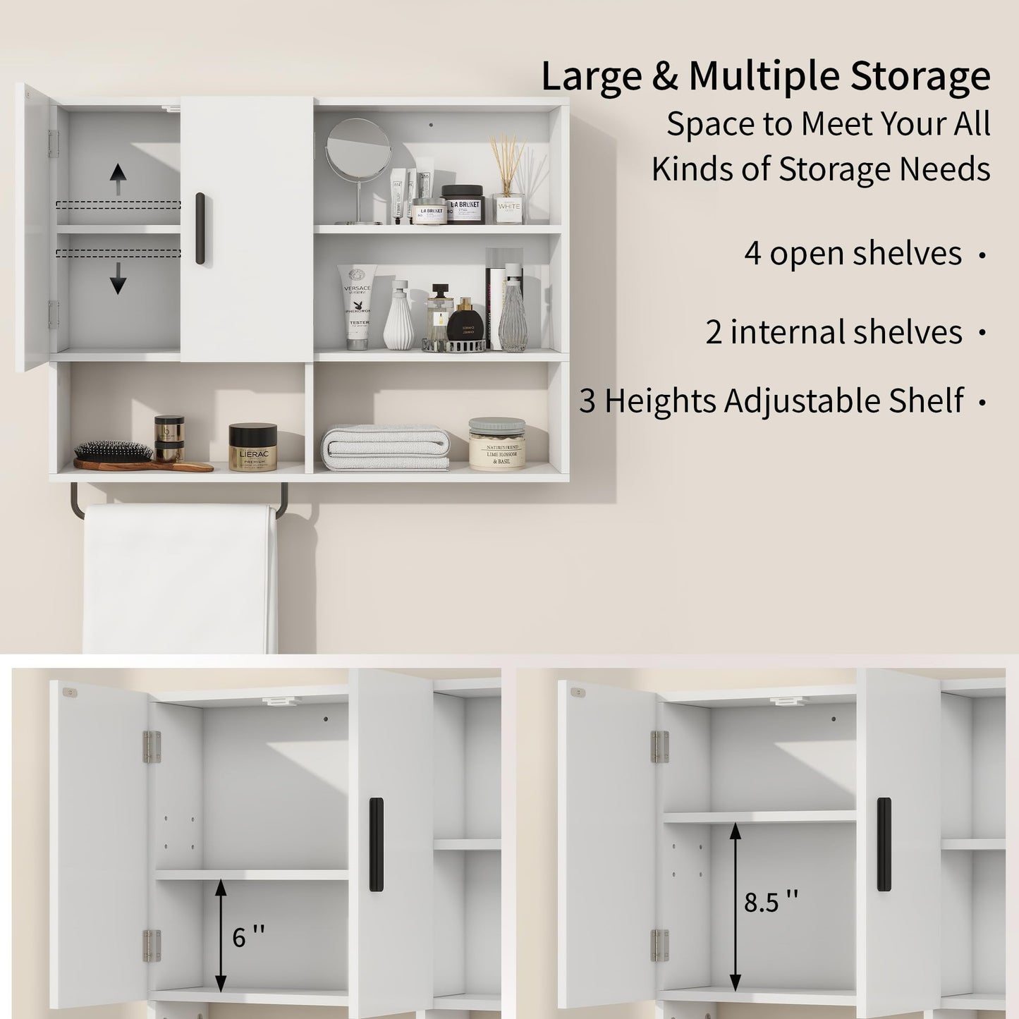 Vavkorkula Bathroom Wall Cabinet, Medicine Cabinet, Wall Mounted Bathroom Cabinet with 2 Doors & Towel Bar, Over The Toilet Storage Cabinet for Laundry & Kitchen, White