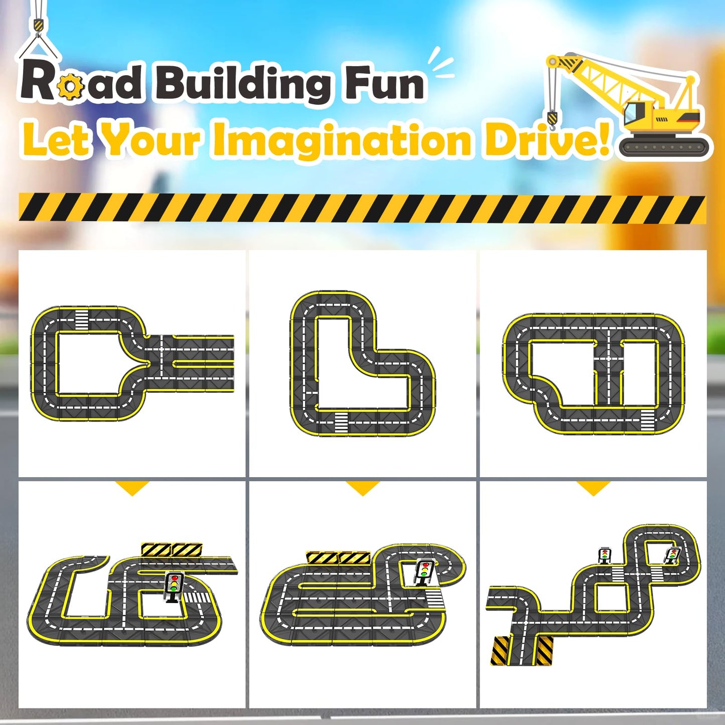 100 PCS Magnetic Tiles Road Set with 3 Cranes & 2 Cars - Magnetic Blocks City Construction Building Toys for 3+ Year Old Boys Girls Ideal Preschool Learning Outdoor Toys Creative Toddler Kids Toys