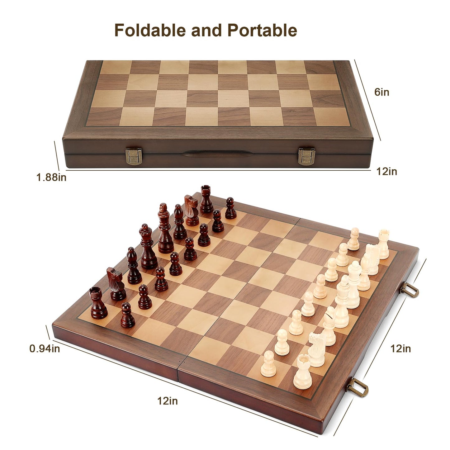 Magnetic Wooden Chess Set for Adults Kids 12'' Chess Board with Handmade Pieces, Folding Portable Travel Unique Chess Sets Game for Tournament Professional Beginner