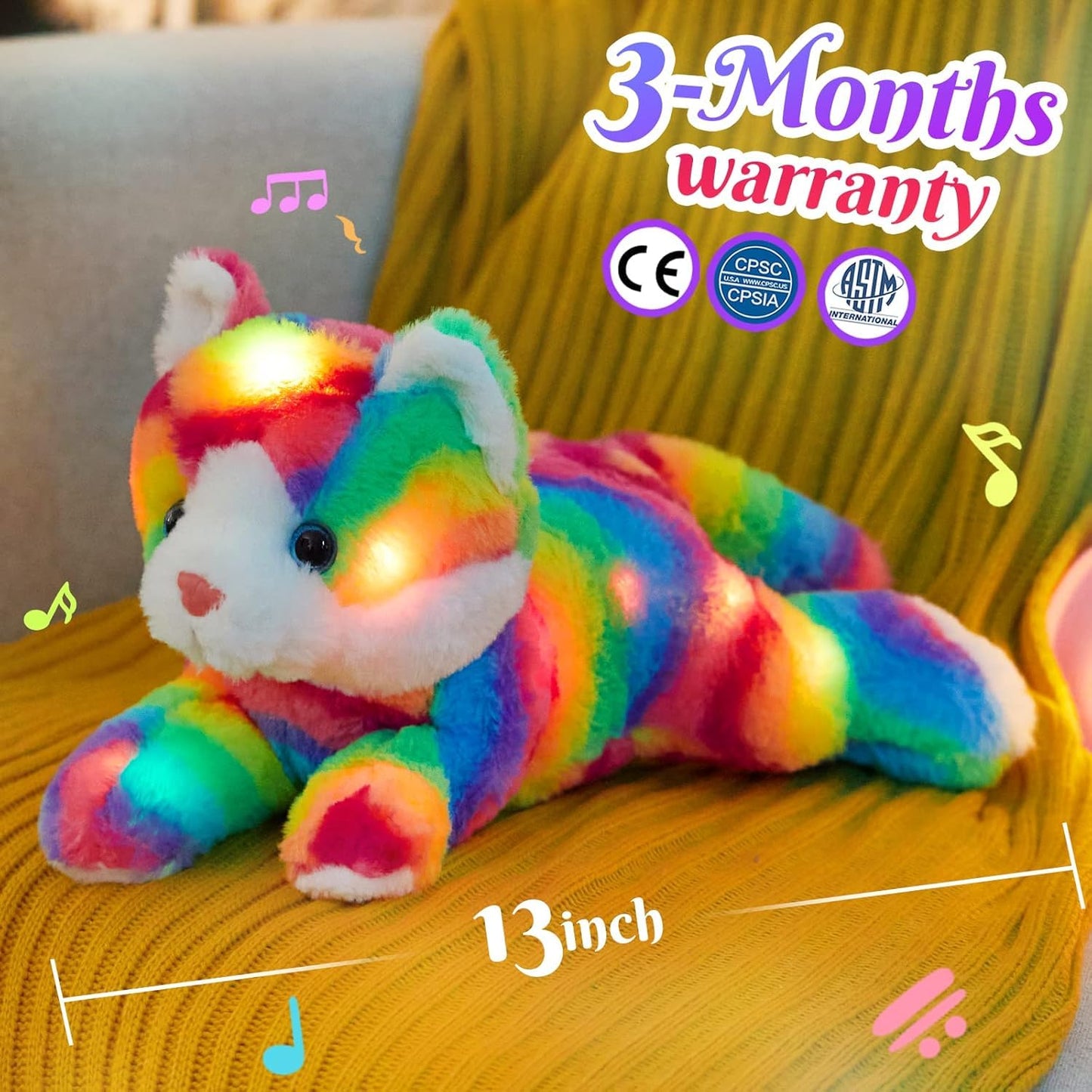 Glow Guards 13'' Light Up Rainbow Cat Plush Toy with LED Night Light & Lullaby for Kids, Soft Stuffed Animal Christmas & Birthday Gift (Cat_led)