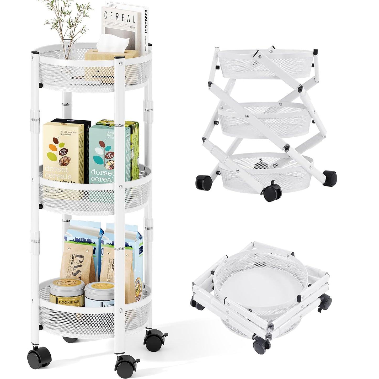 TOOLF 3-Tier Foldable Rolling Cart, Collapsible Metal Utility Cart with Wheels, No Assemble, Multifunction Storage Organizer Trolley for Kitchen, Bathroom, Dorm, Nursery, White
