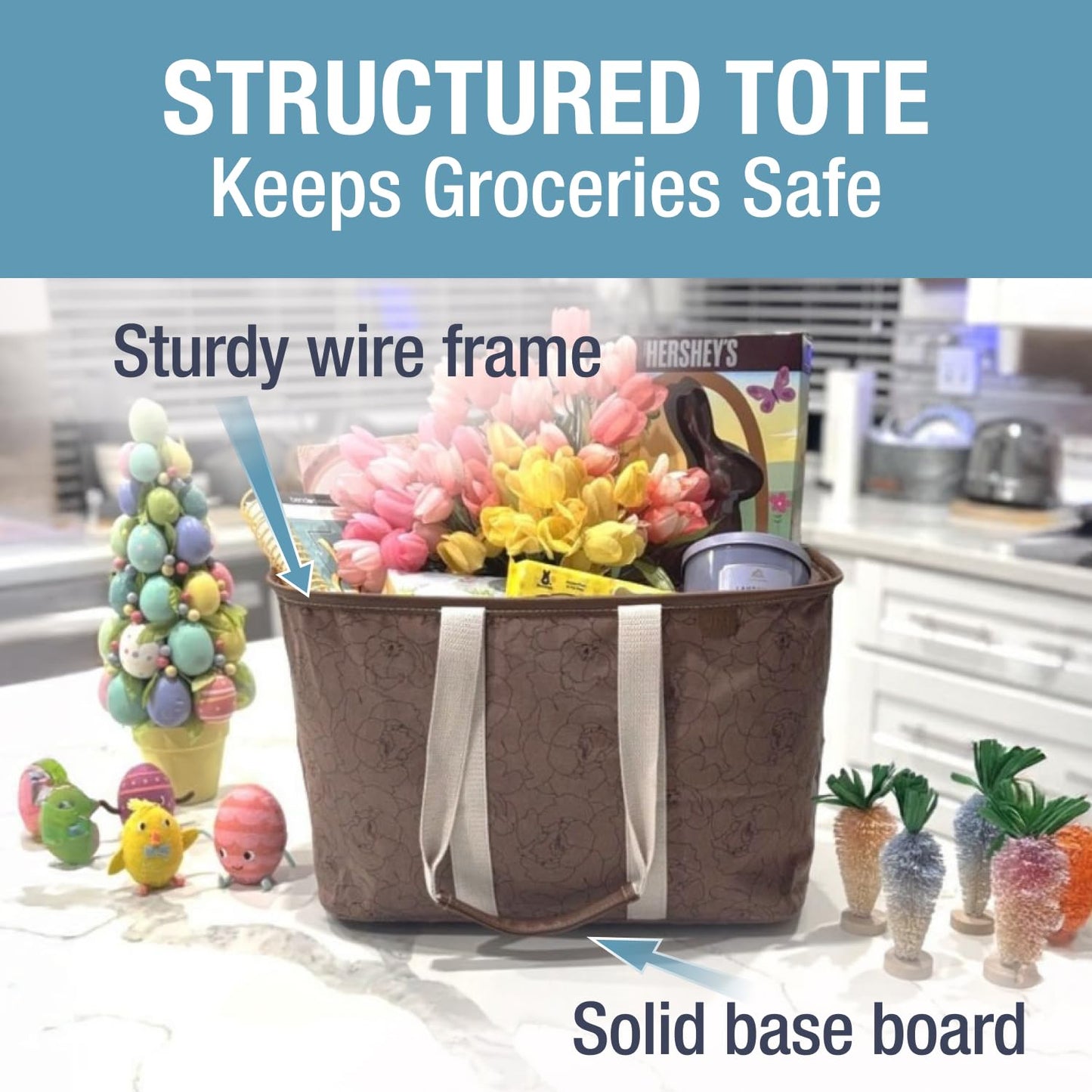 CleverMade Collapsible LUXE Tote, 30L Foldable Grocery Shopping Bag with Structured Frame, Reinforced Bottom & Comfortable Handles, Reusable Car Tote for Errands, Beach, Laundry & Storage, Peony