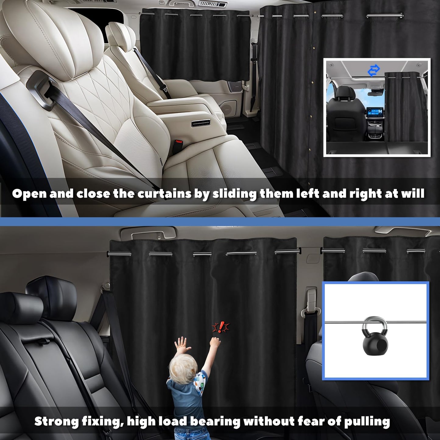 XCBYT Car Privacy Divider Curtains (3-Pack), Rigid Rod-Mounted Total Blackout Set - No Sag, No Strings - Rear Seat Divider & Side Window Shades for Car Camping, Baby Naps
