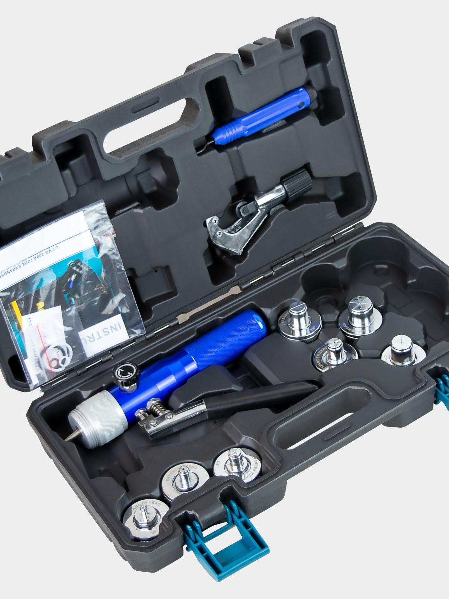 AMZCNC Hydraulic Tube Expander Compact Swaging Tool Kit with Tube Cutter, Deburring Tool and 7 Expander Heads for 3/8 to 1-1/8 Inches Copper Pipes HVAC Expander Tools (3/8“~1-1/8”)